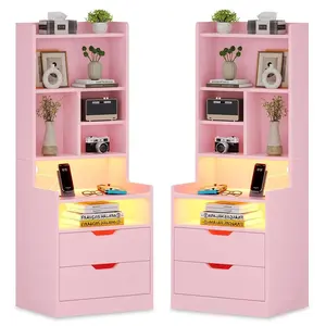 2PCS LED Tall Nightstand with Bookshelf Charging Station Pink
