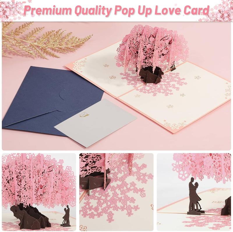 【Valentine’s Day Gift】3D Lovers Under Cherry Blossom Tree Pop-Up Card, Handmade Paper-Cut Greeting Card for Parties, Gifts & Romantic Weddings, Creative 3D Love Valentine’s Card, Holiday Gift