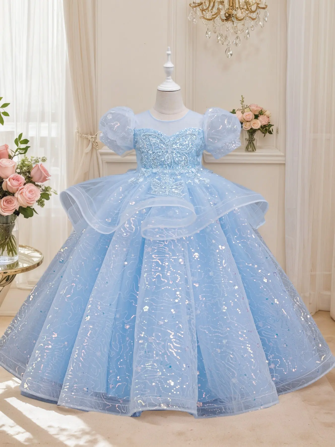 Girls' Evening Gown Princess Dress, Princess Ball Gown, Luxury Sequin Party Dress, Netting Birthday Costume, Birthday Dresses, Carnival, Elegant Child Fashion