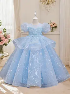 Girls' Evening Gown Princess Dress, Luxury Sequin Party Dress, Netting Birthday Costume, Carnival, Elegant Child Fashion