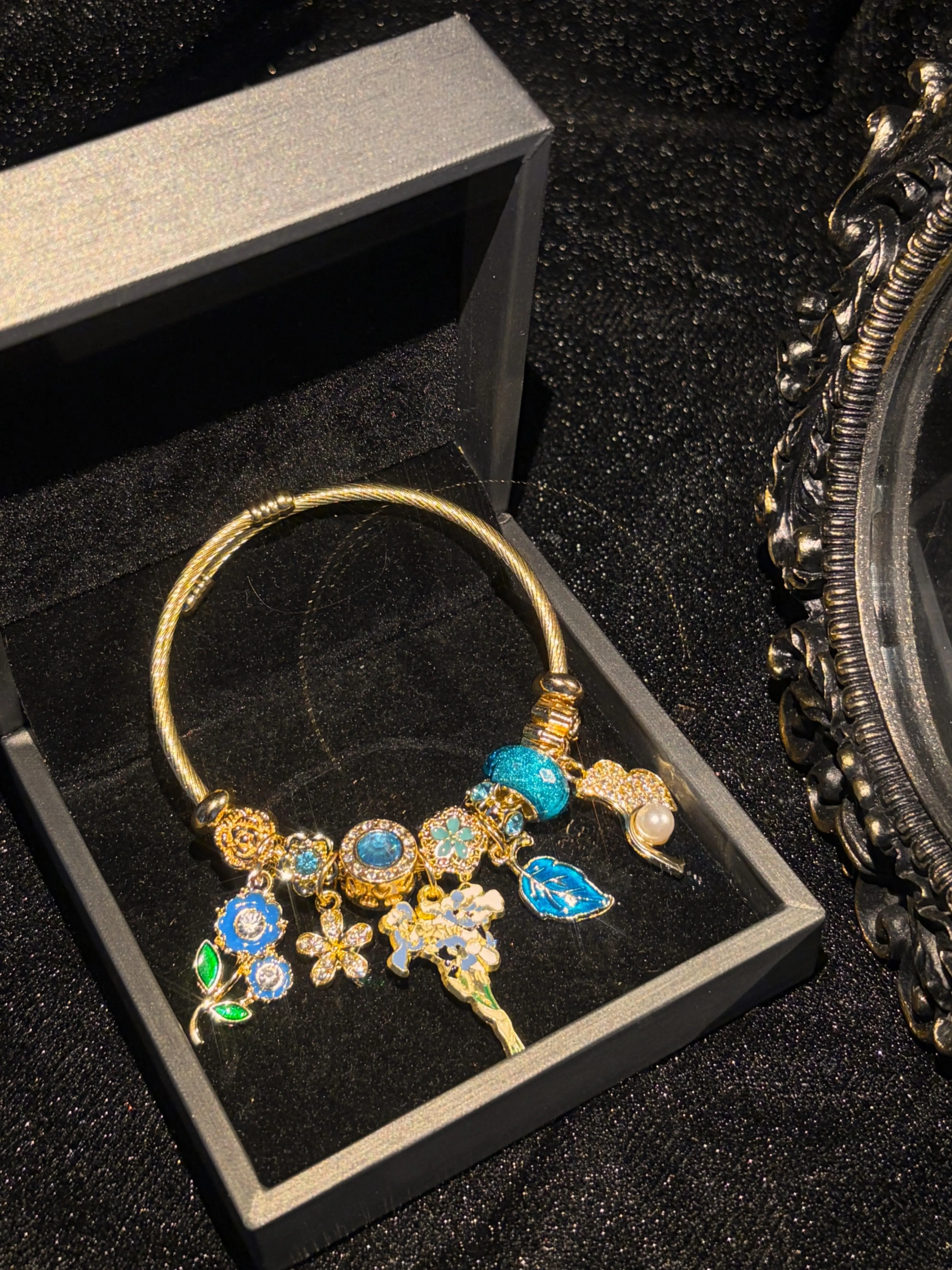 Women's Gold-Tone Enamel Floral Open Cuff Charm Bangle - Nature Collection Jewelry with Flower, Leaf, Pearl & Rhinestone Charms, Fashion Gift for Ladies