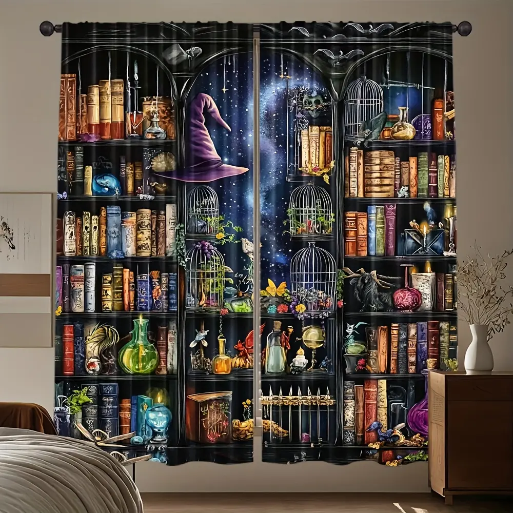 2 Pieces, 2D Flat, Magic Library and Mystery Decorative Curtains, Curtains And Nettings, Curtain For Windows, Vintage Bookshelves, Herb Bottles, Semi-Transparent, for Living Room, Bedroom, Fantasy Decoration for Halloween