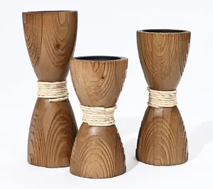 LuxenHome 3-Pc Pine Wood with Rattan Pillar Candle Holder Set