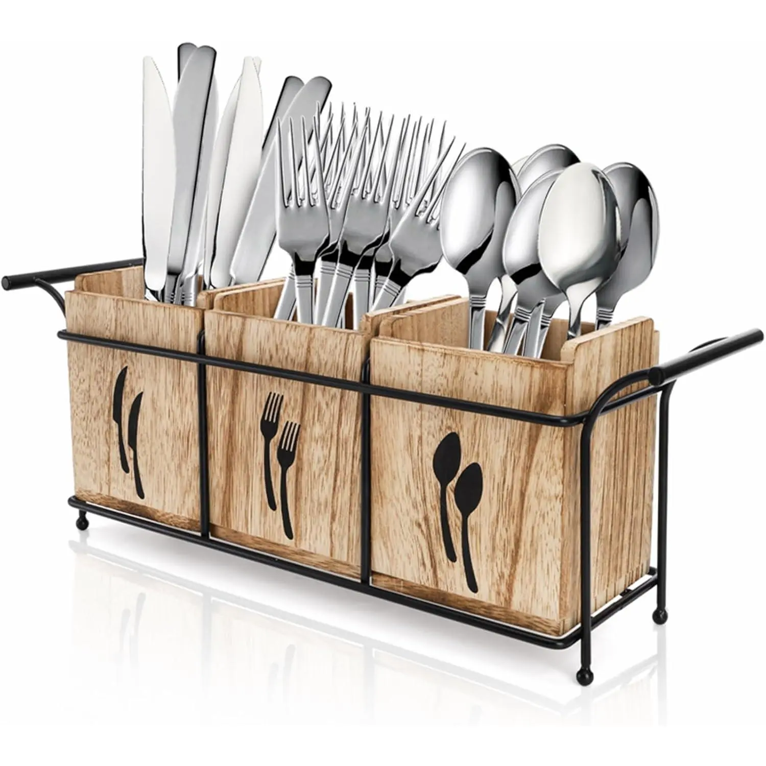 Wooden Utensil Holder for Party, Large Countertop Flatware Cutlery  with Handle, 3 Detachable Compartment Silverware Cooking Organizer with Metal Tray for Fork, Spoon,