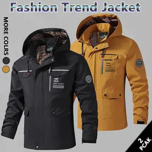 Men's hooded jacket zipper windbreaker with adjustable drawstring, suitable for autumn and winter fashion style casual men's outerwear tops custom personalized jacket stylish multi-pocket design, outdoor fun Streetwear