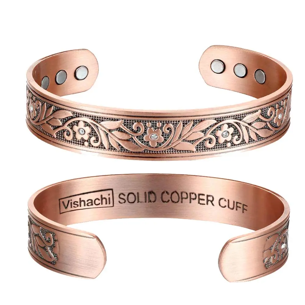 Floral Vines Pure Copper Bangle for Women - Adjustable Magnetic Cuff for Casual Wear with Matching Rings Available, Flowers, Daily, Female, Fibromyalgia Pain, Arthritis Pain, Neodymium Earth Magnets, Bracelets, Flower Motif, Female Fit