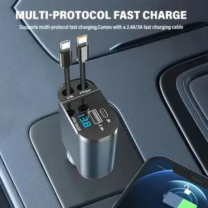 100W Digital Display Retractable Car Charger with PD 30W Super Fast Charging, Four-in-One Cigarette Lighter for Cross-Border