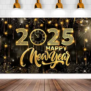 Large 71" X 43" Happy New Year Banner 2025, Black Gold Happy New Year Backdrop 2025, New Years Eve Backdrop 2025 for New Year Decorations 2025 Ornaments