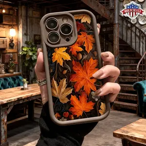 Vintage Autumn Maple Leaf Pattern Aesthetic Phone Case for iPhone 17 16 15 14 Pro Max 13 12 11 XR XS Plus Air Slim Lightweight Shockproof Anti Drop Protective Durable TPU Cover