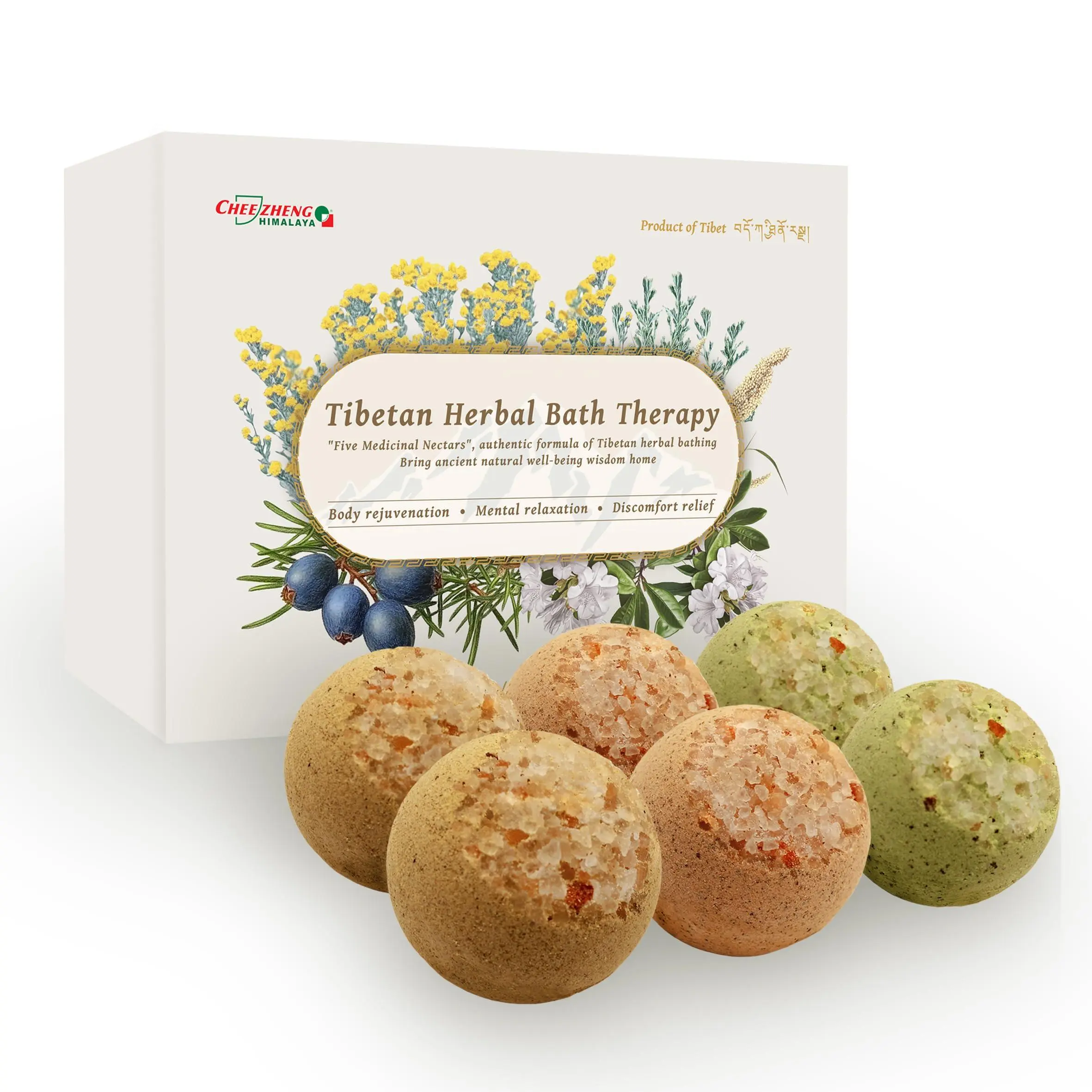 CheezhengHimalaya Tibetan Herbal Bath Therapy - Pack of 6 Bath Bombs, Relaxing, Revitalizing, Unique Five Medicinal Nectars Ingredients from Tibet