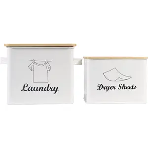 Set of Laundry Powder Bin & Dryer Sheets Holder, Laundry Detergent Powder Storage Box with Scoop, Wooden Lid & Handles, Metal Laundry Dryer Sheet Dispenser for Laundry Room Decor- Cream White