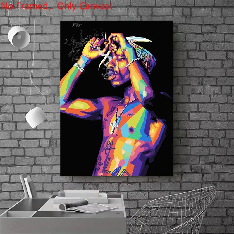 1 piece/set frameless canvas painting print poster, hip-hop culture Characters realism art, Colorful Tupac Shakur Portrait, Cool wall art, a gift for Rap Music loves, for bedroom, living room, wall decoration