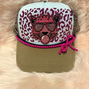 Leopard Print Hat with Pink Beaded Bow and Glittering Leopard Design