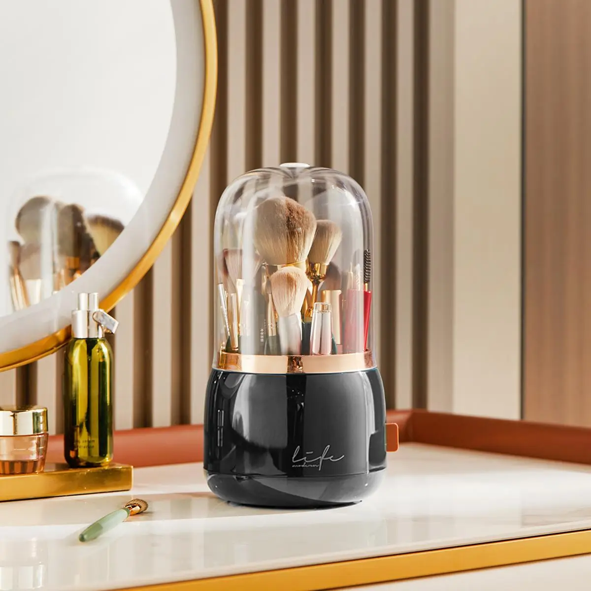 Makeup Brush Storage Box, 1 Count 360 Rotating Dust-proof Makeup Brush Holder Organizer with Lid for Dresser for Bedroom, Vanity Cosmetics Organizer