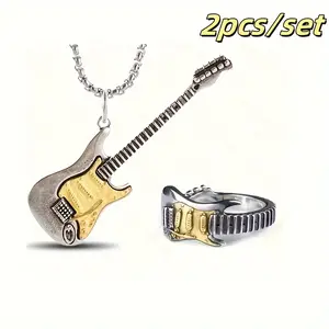 2pcs/Set Hip Hop Rock Music Guitar Necklace Ring Suitable for Men and Women Punk Gift Jewelry