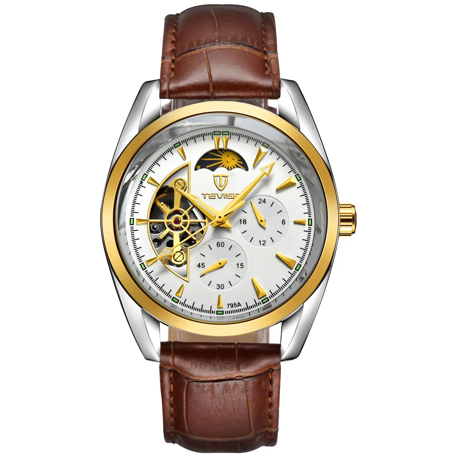 TEVISE Men's Automatic Mechanical Watch, Hollow Celestial Dial with Flywheel Movement, Cowhide Strap, Calendar Display, Father's Day Gift, Automatic Watches, Male Watch