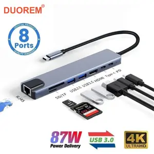 8-in-1 USB C HUB, 87W Power Delivery Type C HDMI-Compatible Docking Station, Multi Port Adapter, USB 3.0 HUB with Ethernet Port, SD/TF Card Reader for Mouse, Keyboard, USB Disk, Printer