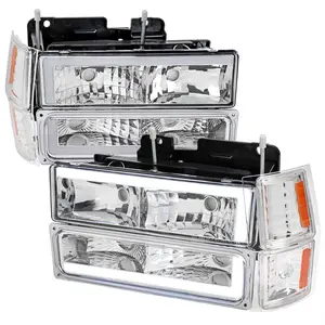 1994-1998 Chevrolet C10 C/K Tahoe Suburban LED Tube Factory Headlights with Corner Signal Bumper Lights (Chrome Housing/Clear Lens)