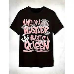 "Mind of a Hustler Queen" Slogan & Dollar Sign Design: Hustler Heart Queen Unisex T-Shirt - Black/White/Pink, Soft Breathable Crew Neck Short Sleeve Tee with Legend Pattern, Casual Streetwear for Women & Men, Casual Attire