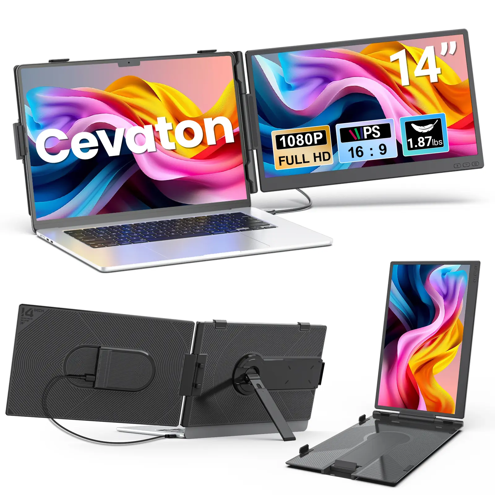Cevaton 14" Portable Monitor for Laptop, Laptop Screen Extender, Single Second Monitor for 13.3"-17.3" Laptops, Lightweight External Display, USB-C Video or HDMI + Power, Monitor Only,#TikTokBackToSchool