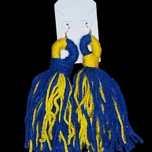 Blue and yellow loop yarn earrings