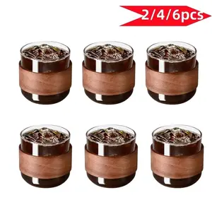 Mini Glass Cup Set, High Borosilicate Glass, Wood Handle, 4.8oz Tea Cup, Heat Resistant, Suitable for Coffee, Pudding, Tea, Refrigerator Use, Glass Coffee Cups, Drinkware, Glass Drinking Cup, Teacup