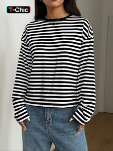 Women's Striped Long Sleeve Top Red and White Stripes Crew Neck T Shirt Casual Loose Fit Drop Shoulder Soft Jersey Knit Everyday Basic Pullover Street Style Lightweight Oversized Chic French Style Layering Top, Womenswear