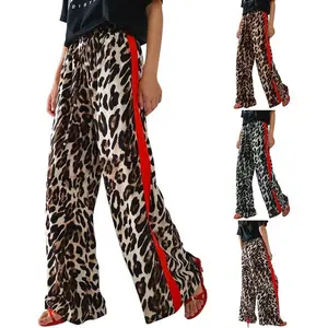 Trendy leopard print drawstring high-waisted women’s color-block side striped straight-leg wide-leg loose pants
