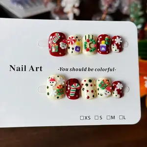 10pcs high-end The new autumn and winter Christmas hand-painted 3D pinching short style is cute handmade fake nails