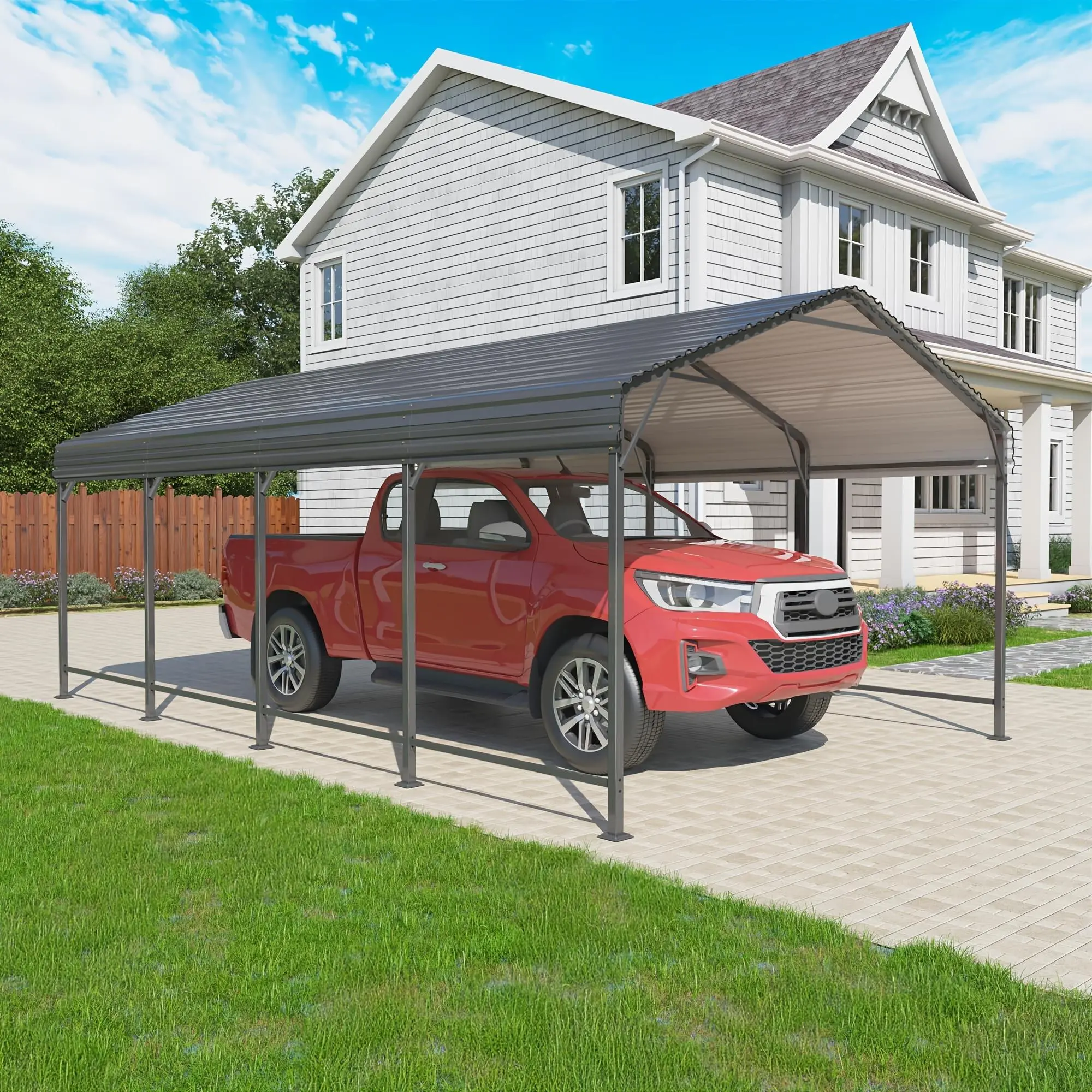 20x12/20x20 FT Metal Carport, Heavy Duty Car Port Canopy With Reinforced Base And Galvanized Steel Roof & Frame, 2 Car Garage Shelter For Car, Boats And Trucks