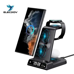 4-in-1 Wireless Charging Stand for Apple/Samsung/Google — Portable, with Dimmable Clock; Fast-Charges Phones, Smartwatches, and Earbuds. Ideal for Desks, Bedside Tables, and Travel (ELECDOV C01)#Summervibes