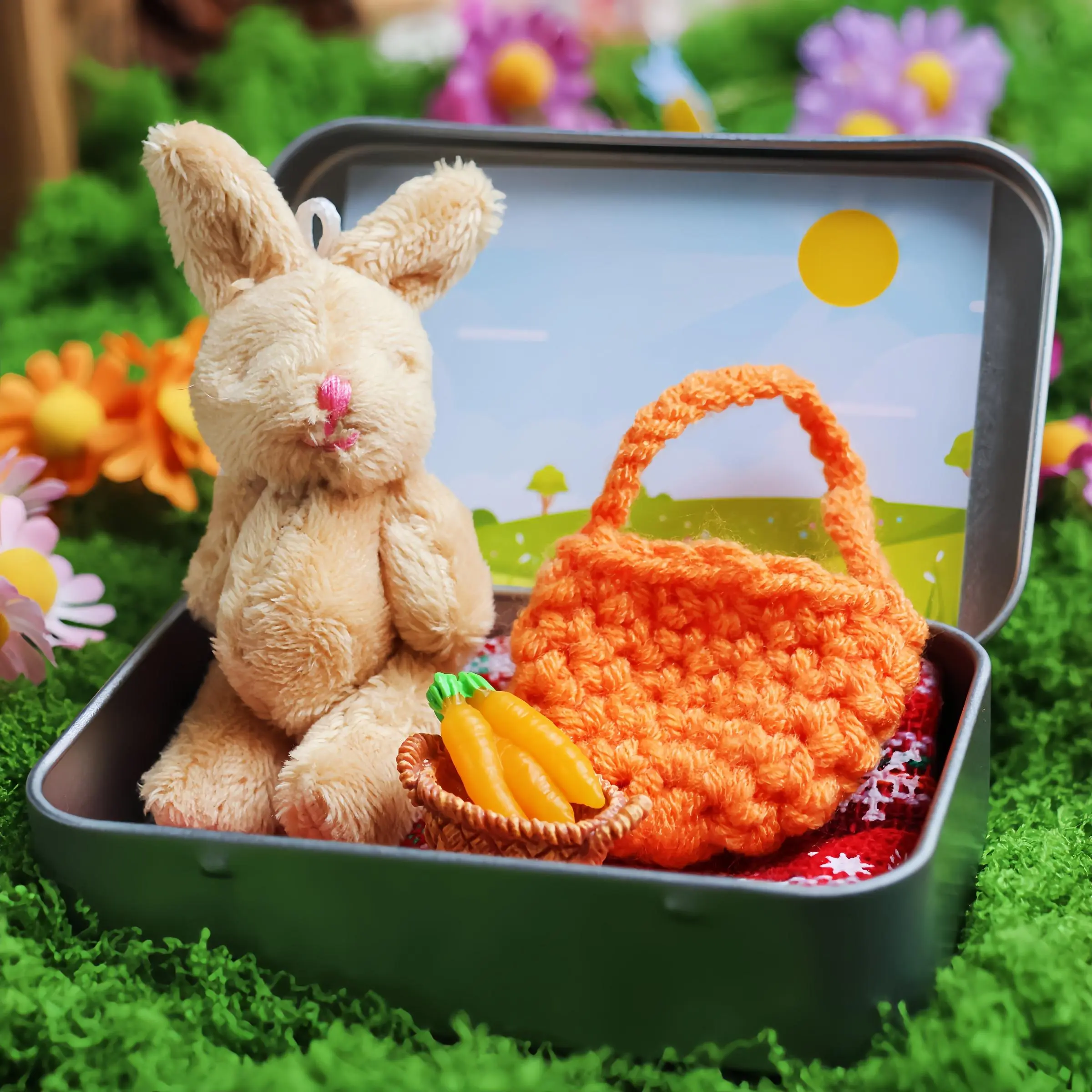 Cute Plush Rabbit & Carrot Basket in Tin Box, Cuddly Doll Gift, Kawaii Stuffed Animals, Stuffed Animal Gifts, Easter, Birthday and Party Gift for Friends, Family and Classmates, Cute Animal Design