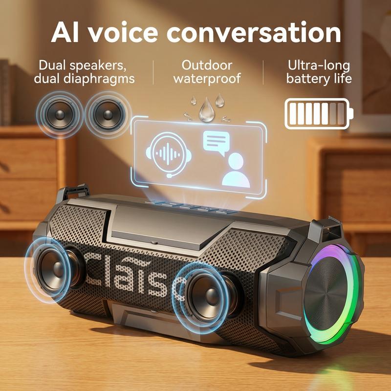 CLAISON AI Voice-Activated Bluetooth Speaker with Dual Speakers Dual Diaphragms RGB Lighting Waterproof for Home & Outdoor Use
