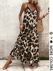 This Leopard Print Maxi Dress is Summer Casual Loose Vibes V Neck  Strap Long Dress
