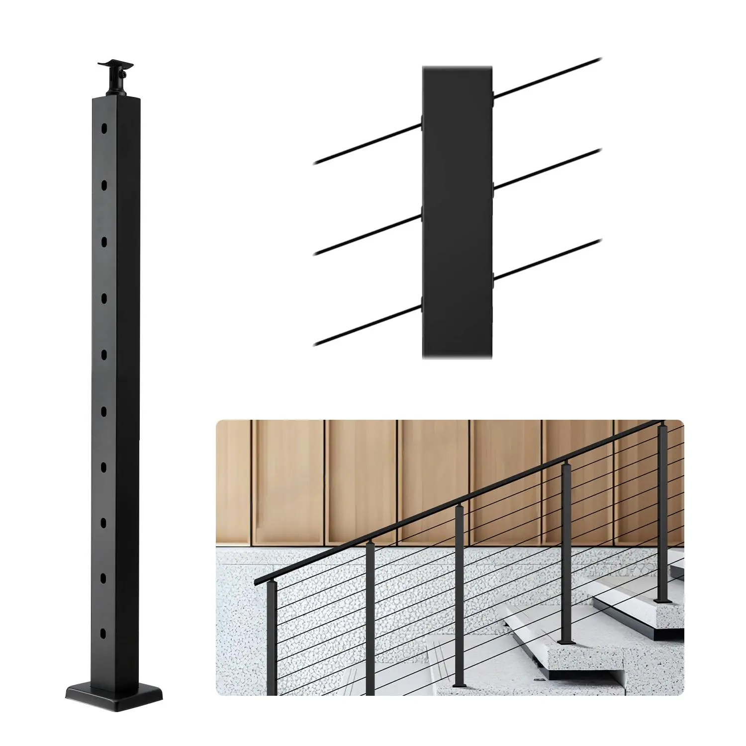 VEVOR Commercial Stainless Steel Cable Railing Post, 36x2x2 In Safety Guard for Decks/Garages, with Pre-Drilled 30° Angled Holes, Horizontal & Curved Bracket, 1-Pack, Black, 1JZLGZXHS914YIVIS001V0#BacktoSchool