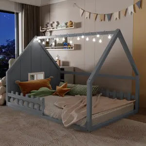 House Bed Frame Full Size Floor Bed with Fence Railings and Window, Wooden Floor Bed, Full Size Bed Frame, Fun Playhouse Beds for Bedroom