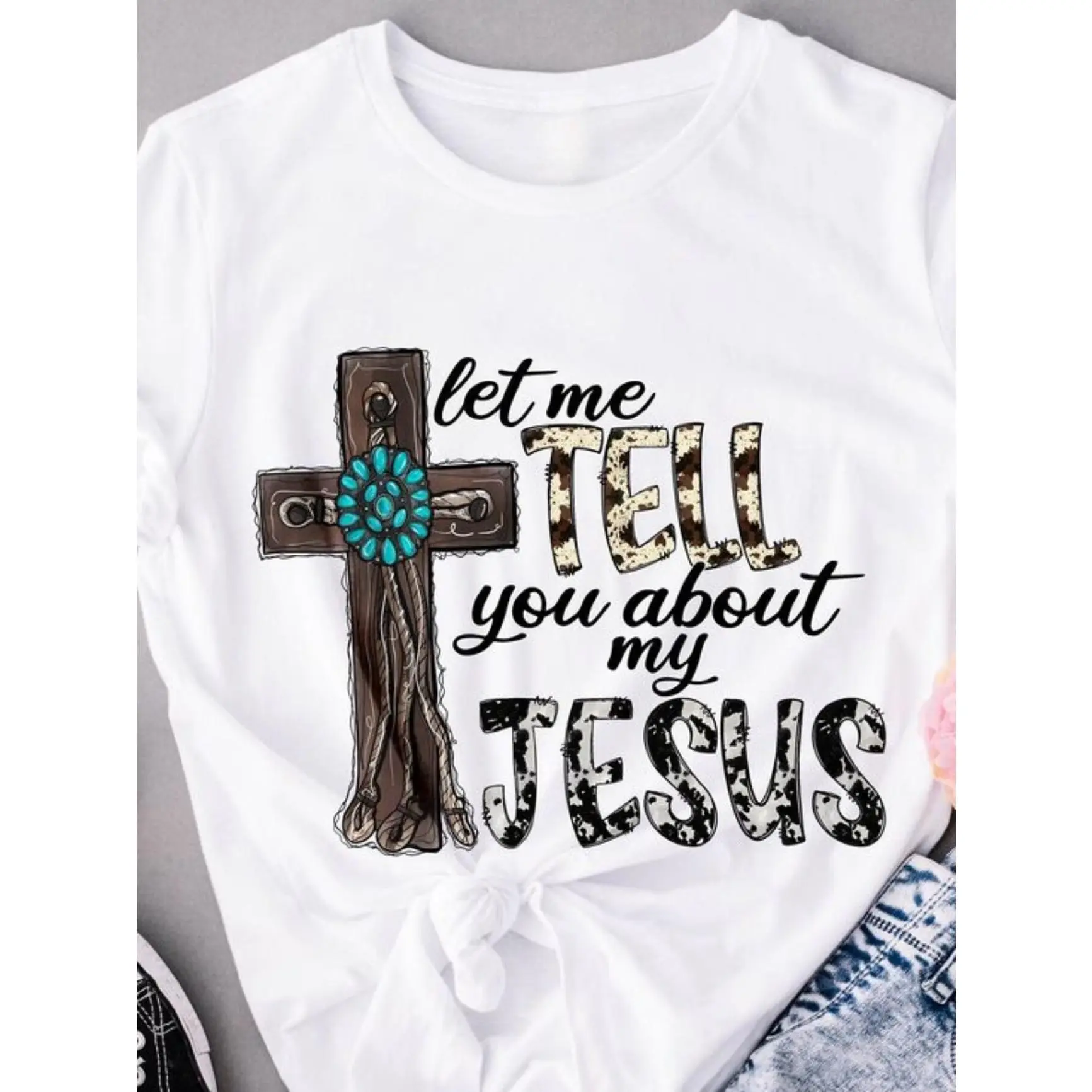 Let Me Tell You About My Jesus Cross Graphic T-Shirt, Christian Western  Comfort Outfit, Cow Print Turquoise Cross Fashion
