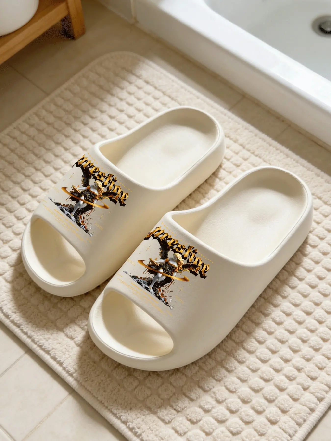 1 Pair Gold Ring War God Angel Print Fashion Slippers, Cool Heavy Metal Style, Thick Sole Soft Bottom, Couples Home Outdoor Use