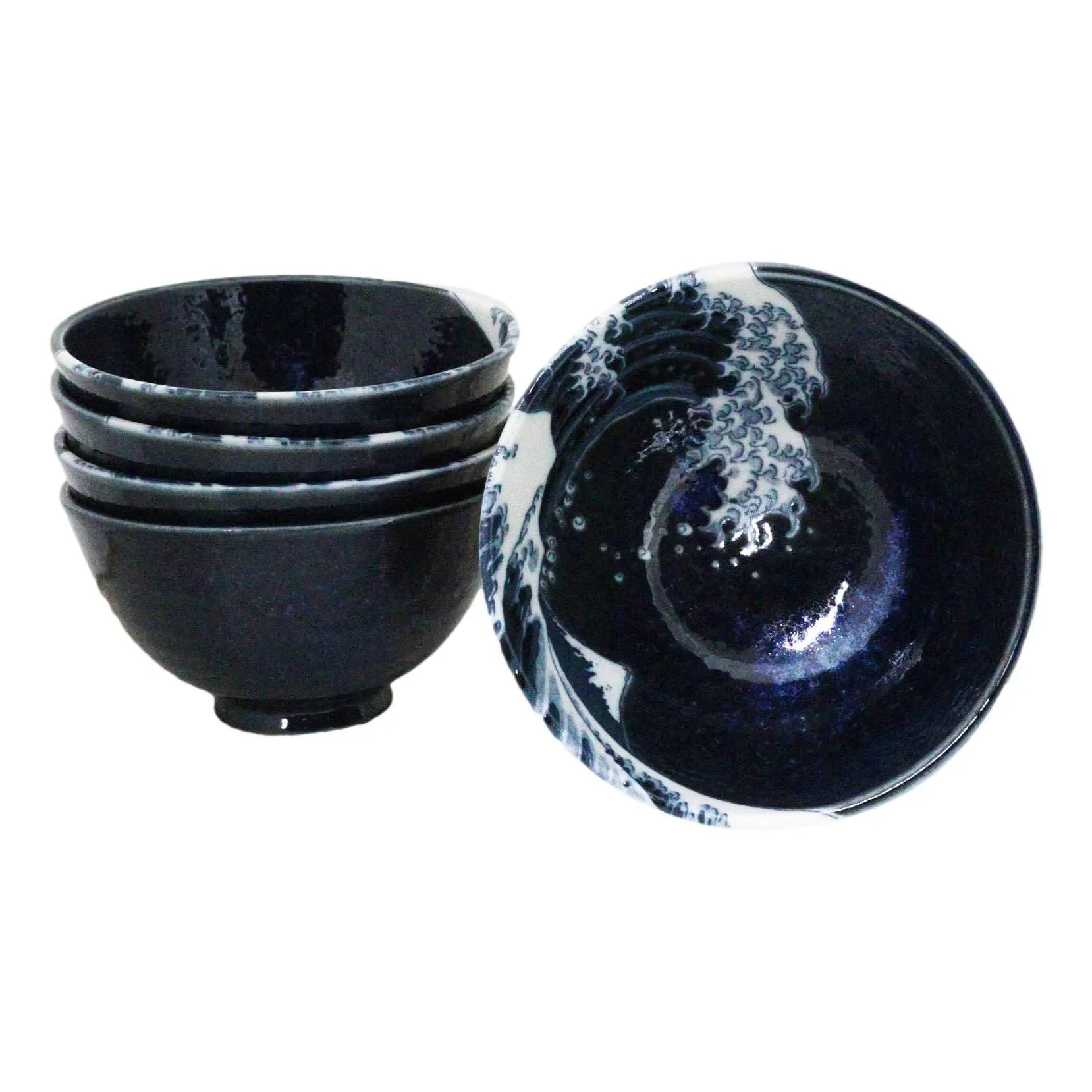 Set Of 5 Blue Japanese Hokusai Great Wave Porcelain Soup Rice Dessert Bowls 10oz