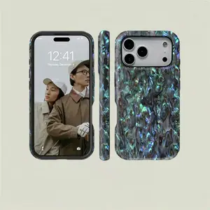 Natural abalone shell textured durable phone case, double-layer shockproof, luxurious everyday bohemian style, pearlescent mother-of-pearl ocean aesthetic, suitable for iPhone 8-16/X series, protective and durable cover