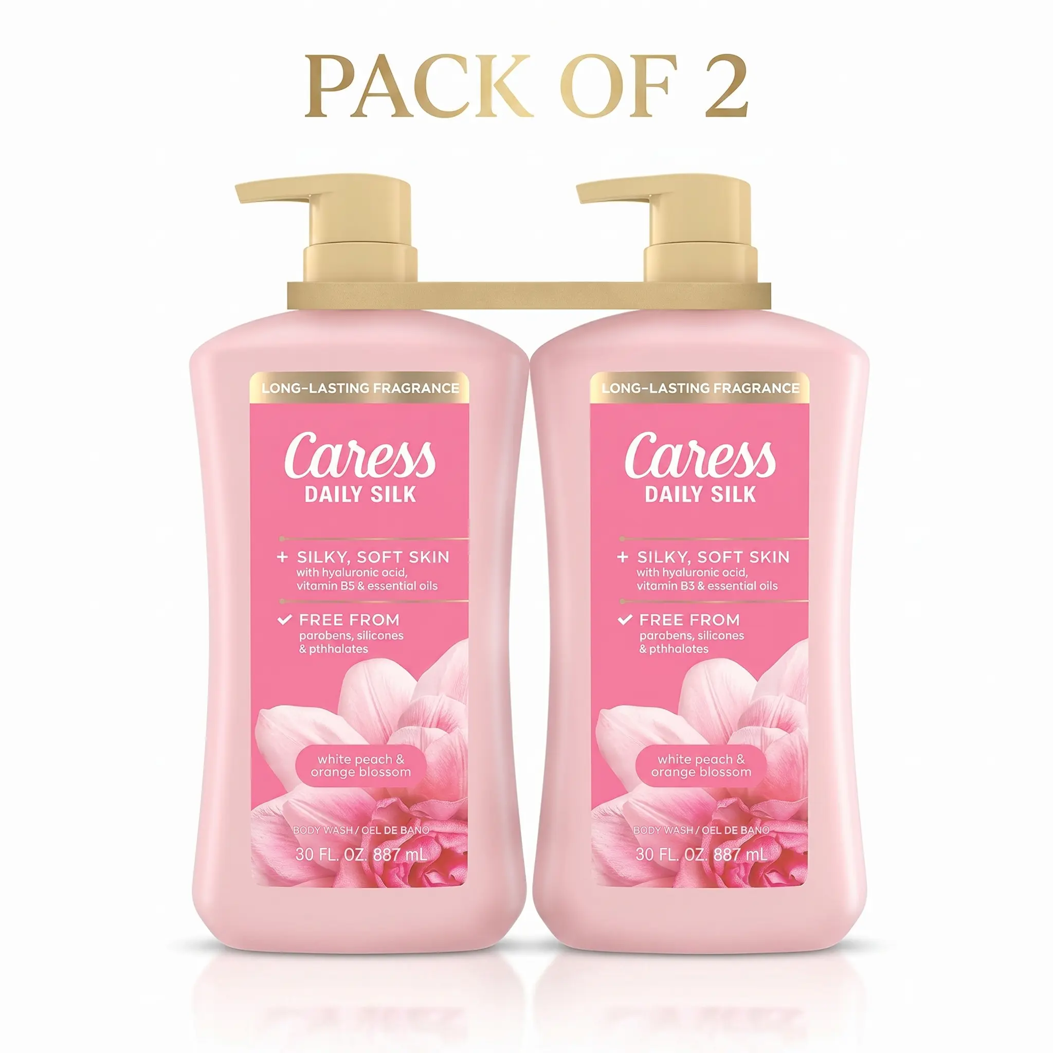 Caress Daily Silk Hydrating Body Wash, White Peach & Orange Blossom Scent, 30 fl oz Bottles, Pack of 2, Moisturizing Daily Body Cleanser with Rich Creamy Lather, Soft Smooth Skin, Fresh Fruity Floral Fragrance