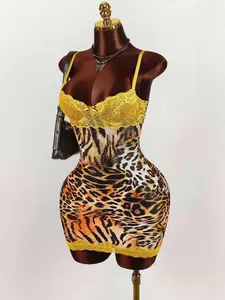 Y2K Amplova Leopard Print Party Yellow Lace Cup Detail Tropical Floral Mesh Bodycon Mini Dress Cheetah Print Outfits Cheetah Print Two Piece Animal Print Set