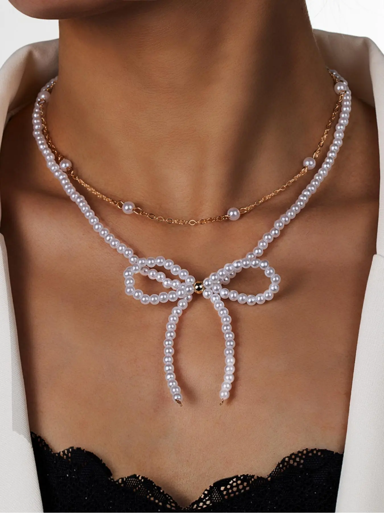 Faux Pearl Decorated Bowknot Design Layered Necklace, Boho Style Double Layer Necklace for Women for Gift, Girl's Temperament All-match Accessory