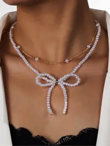 Faux Pearl Decorated Bowknot Design Layered Necklace, Boho Style Double Layer Necklace for Women for Gift, Girl's Temperament All-match Accessory