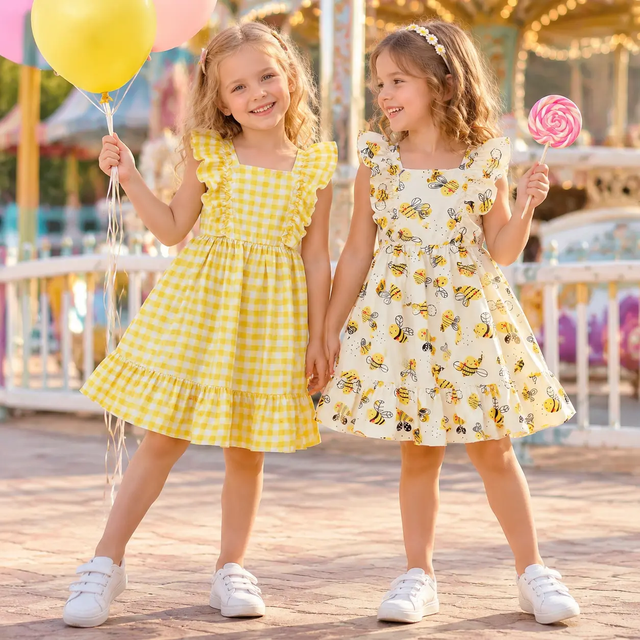 Toddler Girls' Sleeveless Square Neck Polyester Summer Ruffle Sundress - Cute Bumble Bee Print, Yellow Gingham Plaid, Casual Wear for 4-7 Years Old Kids with Cute Look