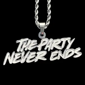 WRLD The Party Never Ends Necklace 1.5" Mirror Polished Etched Juice Pendant in Solid 316L Surgical Stainless Steel TPNE with Choice of Chain Free Gift Included