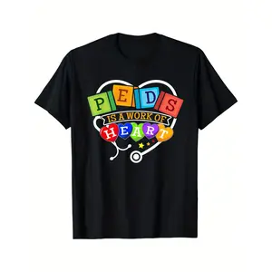 Pediatric Nurse & Pediatrician Peds Is a Work of Heart Medical Alphabet T-Shirt - Peds-Themed Lettering with Medical Symbols (Ped, Neonatal,, Adolescent) - Unisex Adult Casual Comfort Fit Round Neck Short Sleeve Tee for  Retro  Tshirt Black Top