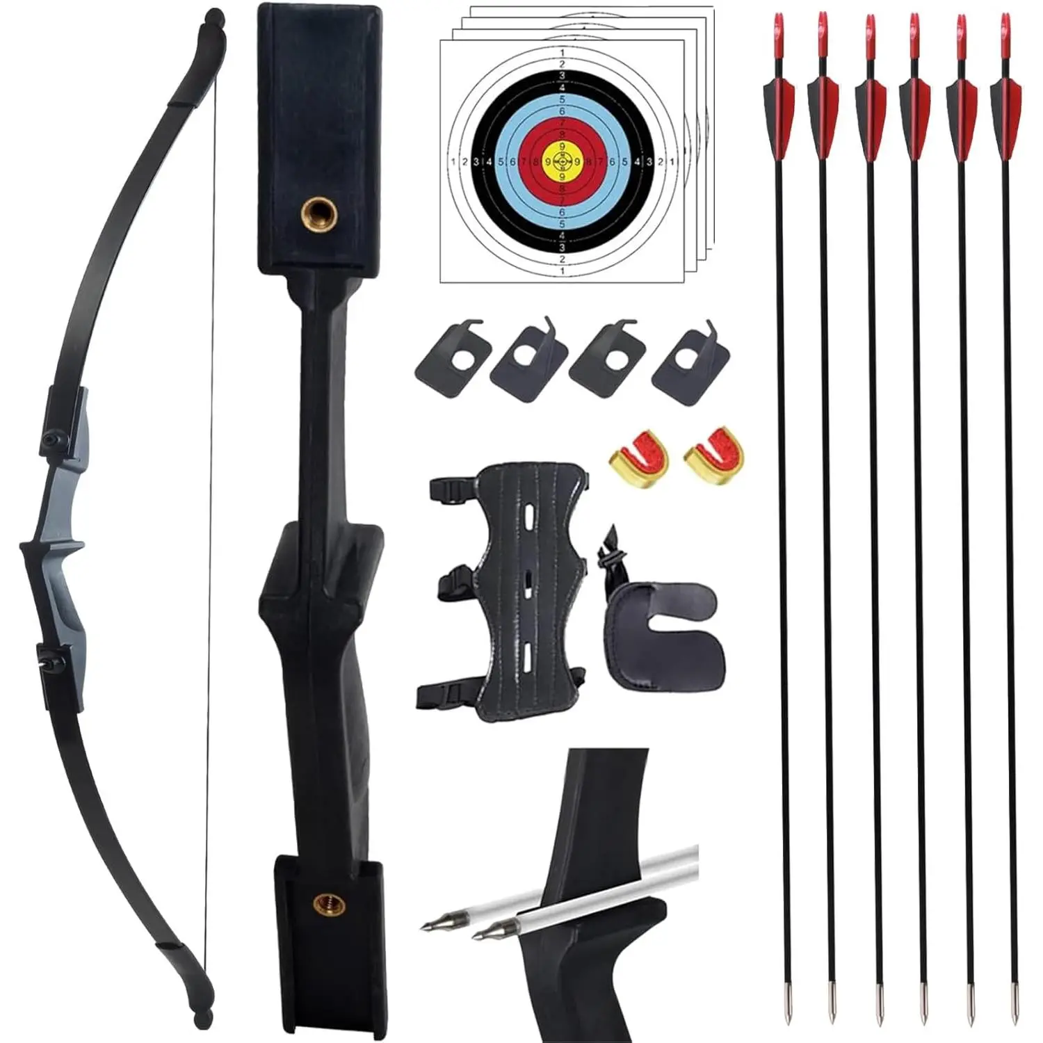 Ambidextrous Takedown Recurve Bows with Reinforced Fiberglass Limbs, Complete Unisex Adult Set with Arrows, Arm Guard, and Finger Protector, Nocks, Recurve Archery Kit