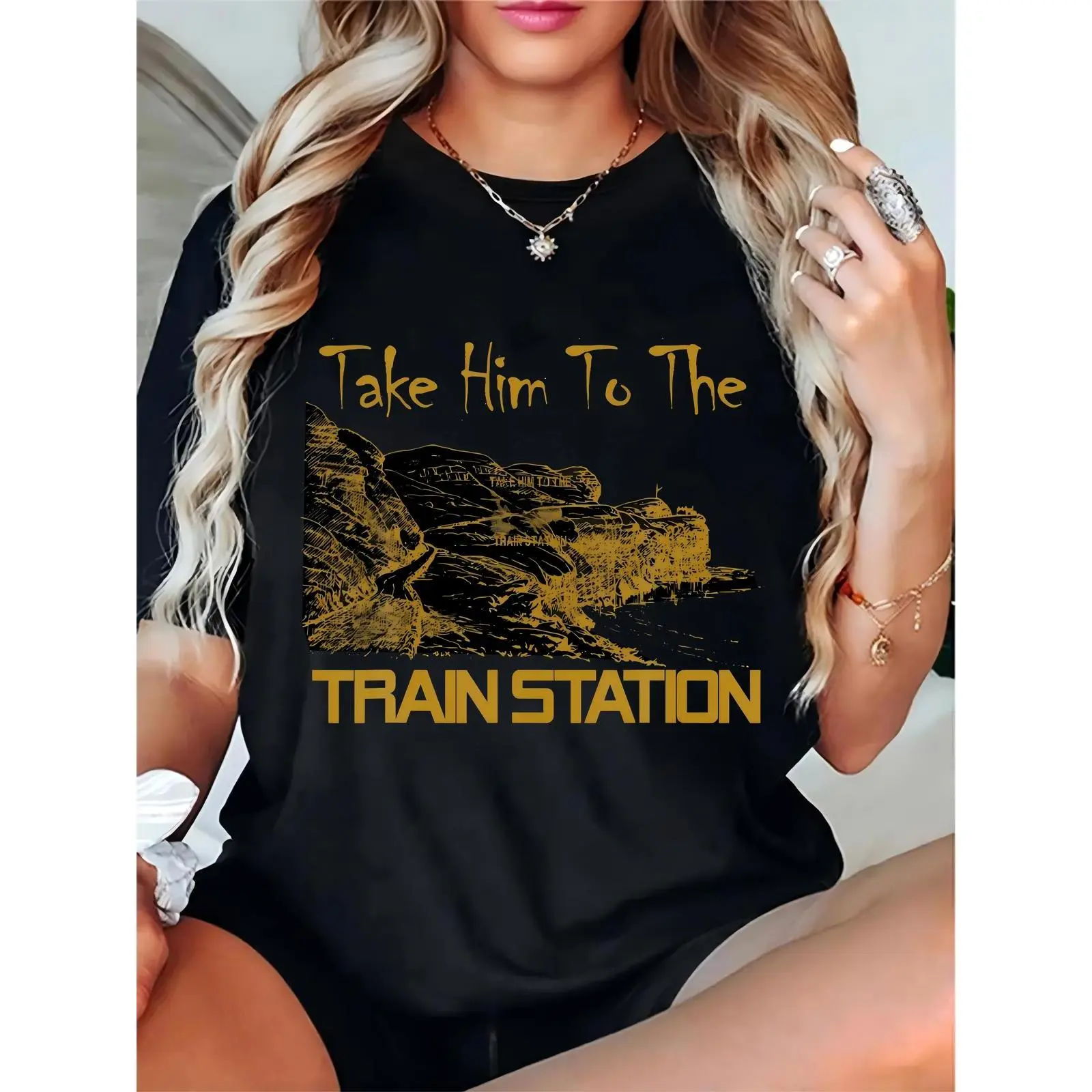 Women's "Take Him To The Train Station" Graphic T-Shirt - 100% Cotton Short Sleeve Round Neck Breathable Casual Top, Relaxed Fit Streetwear for Fans, Comfortable, Crew Neck, Casual Street, Skirts