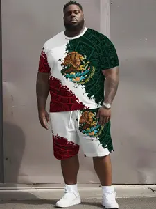 Men's Two-Piece Matching Set, Mexican Emblem Cultural Totem Print T-Shirt and Shorts, Casual Summer, Short Sleeve, Fitted, Regular Length